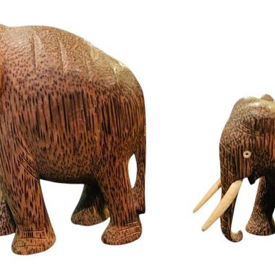 2 Vintage Hand Carved Palm Wood Elephant Figurines