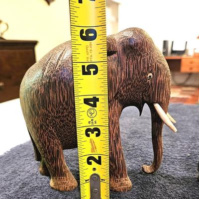 2 Vintage Hand Carved Palm Wood Elephant Figurines