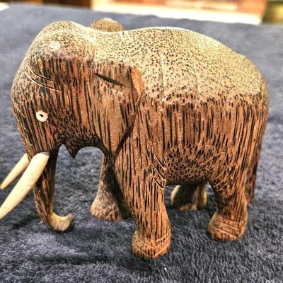 2 Vintage Hand Carved Palm Wood Elephant Figurines
