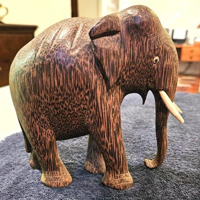 2 Vintage Hand Carved Palm Wood Elephant Figurines
