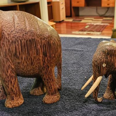 2 Vintage Hand Carved Palm Wood Elephant Figurines