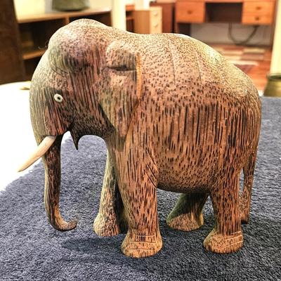 2 Vintage Hand Carved Palm Wood Elephant Figurines