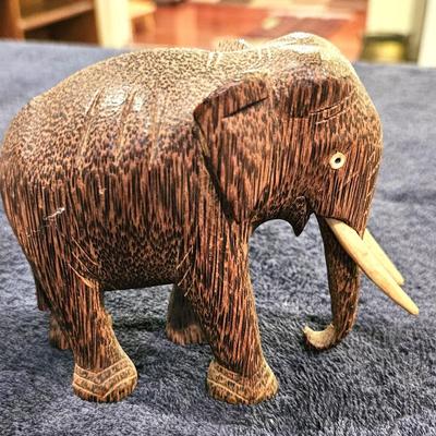 2 Vintage Hand Carved Palm Wood Elephant Figurines