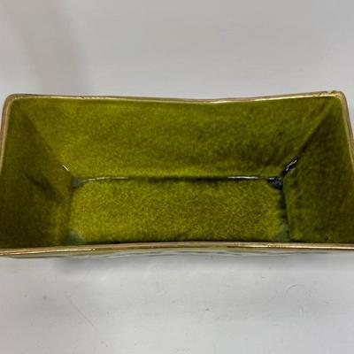 Vintage USA Pottery Planter Rectangular Dish T103 Glazed Olive Green Gold Accent Leaves MCM