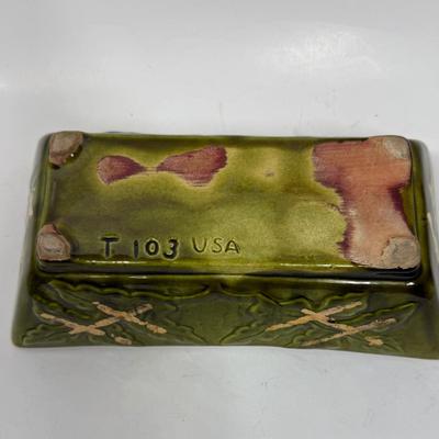 Vintage USA Pottery Planter Rectangular Dish T103 Glazed Olive Green Gold Accent Leaves MCM