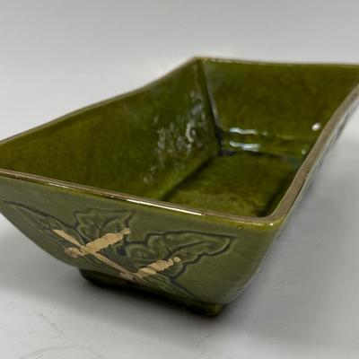 Vintage USA Pottery Planter Rectangular Dish T103 Glazed Olive Green Gold Accent Leaves MCM