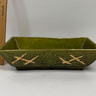 Vintage USA Pottery Planter Rectangular Dish T103 Glazed Olive Green Gold Accent Leaves MCM
