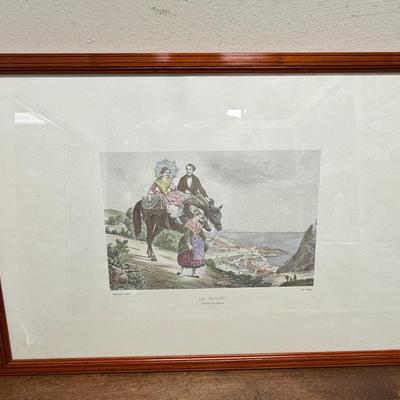 Sale Photo Thumbnail #78: Depicts a Bride and Groom riding in a 2-person side-by-side seat (cacolet) on horseback, with a woman guiding the horse on a trail leading to the city of Bayonne in the distance.  Framed size is approx. 23" x 16", artwork is approx. 10.75" x 7". Original 