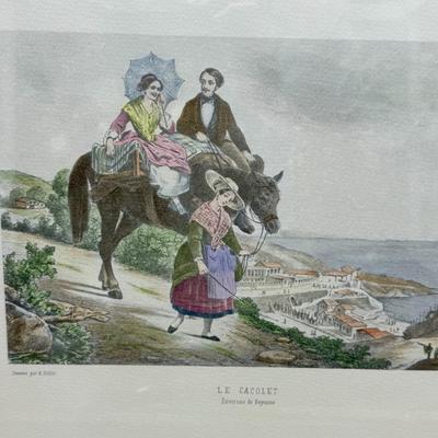 Framed Art: Lithograph Reproduction of French Basque artwork Le Cacolet, Environs de Bayonne (The Cacolet, near Bayonne) by Helene Feillet