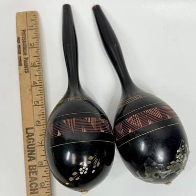 2 Vintage Mexican Maracas Hand Carved Hand Painted Wood Made In Mexico