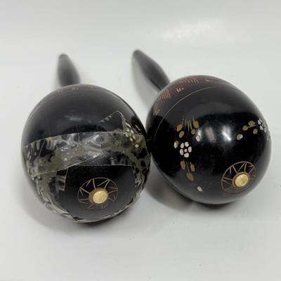 2 Vintage Mexican Maracas Hand Carved Hand Painted Wood Made In Mexico