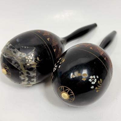 2 Vintage Mexican Maracas Hand Carved Hand Painted Wood Made In Mexico