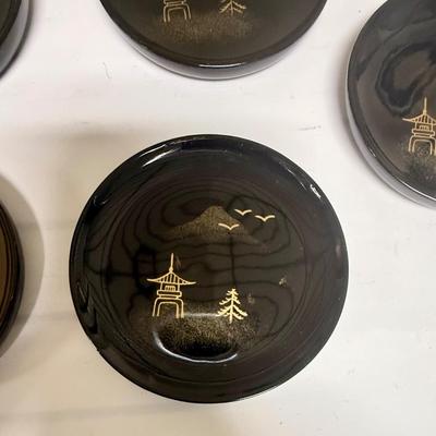 Vintage Japanese Black Lacquerware Coaster Set 1950's