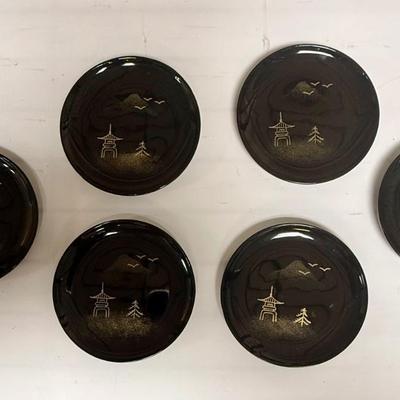 Vintage Japanese Black Lacquerware Coaster Set 1950's