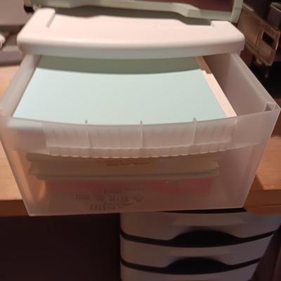 VERY NICE QUARTET PAPER CUTTER, DRAW FULL OF COPY PAPER AND DESK ORGANIZERS