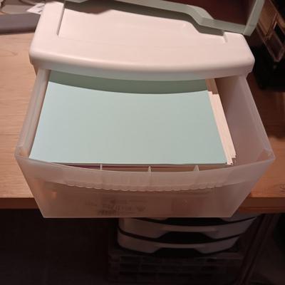 VERY NICE QUARTET PAPER CUTTER, DRAW FULL OF COPY PAPER AND DESK ORGANIZERS