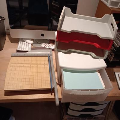 VERY NICE QUARTET PAPER CUTTER, DRAW FULL OF COPY PAPER AND DESK ORGANIZERS