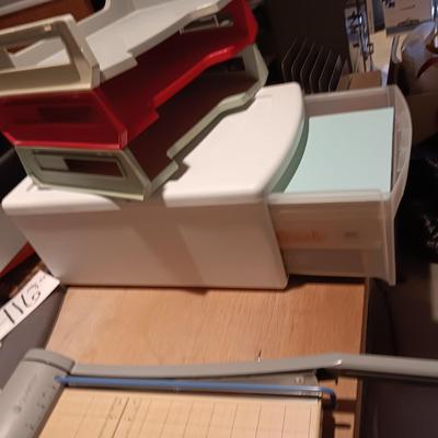 VERY NICE QUARTET PAPER CUTTER, DRAW FULL OF COPY PAPER AND DESK ORGANIZERS