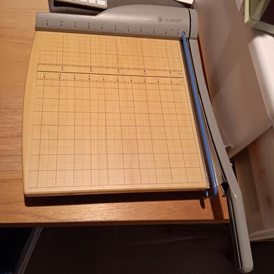 VERY NICE QUARTET PAPER CUTTER, DRAW FULL OF COPY PAPER AND DESK ORGANIZERS