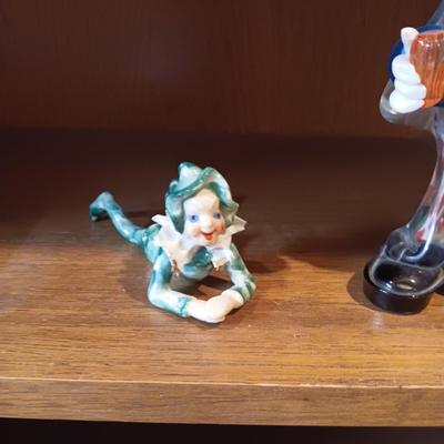 MURANO? GLASS CLOWN AND A CERAMIC CAR MARKED OCCUPIED JAPAN