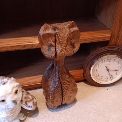 WOODEN CARVED OWL, PICTURE AND PLUSH OWLS PLUS A WALL CLOCK