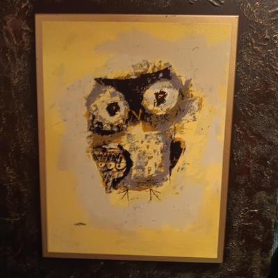 WOODEN CARVED OWL, PICTURE AND PLUSH OWLS PLUS A WALL CLOCK