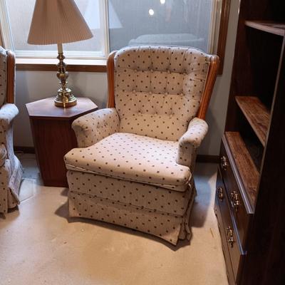 2 CLEAN SWIVEL ROCKING CHAIRS, DANISH? OCTAGON SIDE TABLE W/CABINET AND A TABLE LAMP