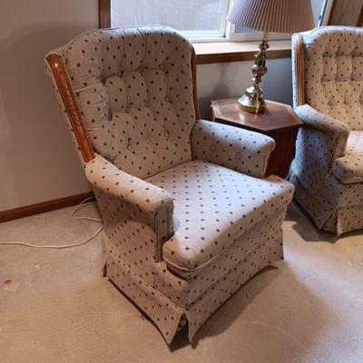 2 CLEAN SWIVEL ROCKING CHAIRS, DANISH? OCTAGON SIDE TABLE W/CABINET AND A TABLE LAMP