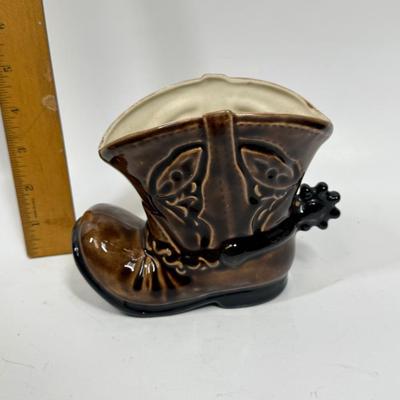 Sale Photo Thumbnail #42: Western boot with spur, could be used for s dried flower display of for cut flowers. Good condition.  Approx. 5" tall.
