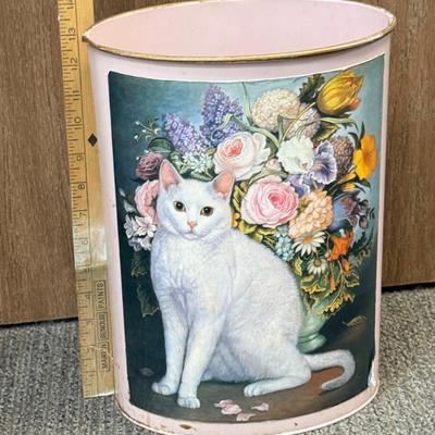 Vintage Pink Metal Trash Can with White Cat and Flowers design Retro Oval Wastebasket