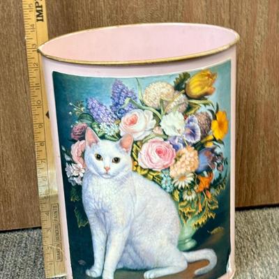 Vintage Pink Metal Trash Can with White Cat and Flowers design Retro Oval Wastebasket