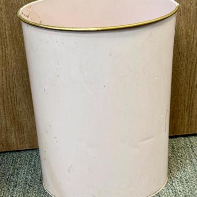Vintage Pink Metal Trash Can with White Cat and Flowers design Retro Oval Wastebasket