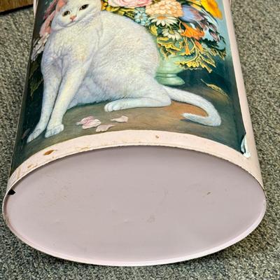Vintage Pink Metal Trash Can with White Cat and Flowers design Retro Oval Wastebasket