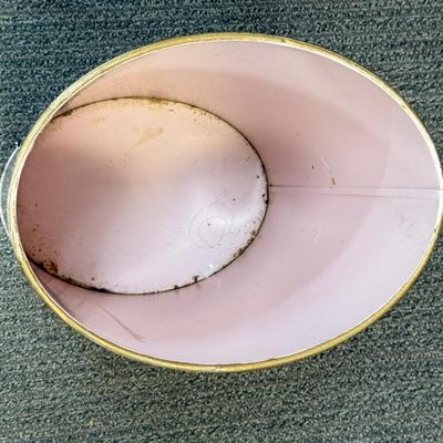 Vintage Pink Metal Trash Can with White Cat and Flowers design Retro Oval Wastebasket