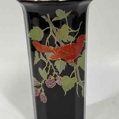 Vintage Otagiri Black Vase w/Red Cardinal on a Berry Branch-Japan