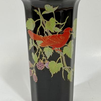 Vintage Otagiri Black Vase w/Red Cardinal on a Berry Branch-Japan
