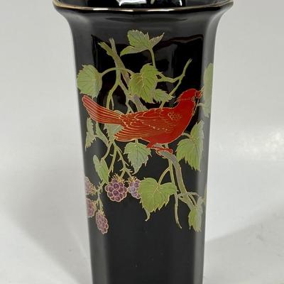 Vintage Otagiri Black Vase w/Red Cardinal on a Berry Branch-Japan