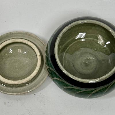 Vintage Mexico Tonala Style Round Pottery Lidded Vanity Trinket Box, Leaves and Flowers