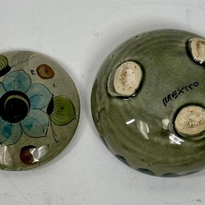 Vintage Mexico Tonala Style Round Pottery Lidded Vanity Trinket Box, Leaves and Flowers