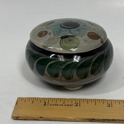 Vintage Mexico Tonala Style Round Pottery Lidded Vanity Trinket Box, Leaves and Flowers