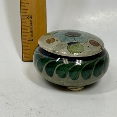 Vintage Mexico Tonala Style Round Pottery Lidded Vanity Trinket Box, Leaves and Flowers