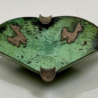 Vintage Mid-Century Modern Llama Ashtray with Sterling 925 Silver Design on Copper base w/ green by Vicky of Peru