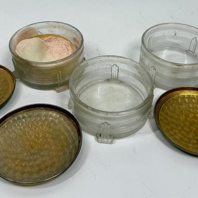 Lot of 3 Art Deco Antique Cambridge Dresser Vanity Glass Jars with Flower Motif brass lids green yellow