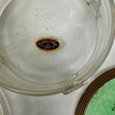 Lot of 3 Art Deco Antique Cambridge Dresser Vanity Glass Jars with Flower Motif brass lids green yellow
