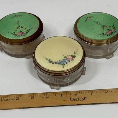 Lot of 3 Art Deco Antique Cambridge Dresser Vanity Glass Jars with Flower Motif brass lids green yellow