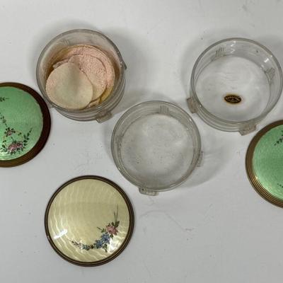 Lot of 3 Art Deco Antique Cambridge Dresser Vanity Glass Jars with Flower Motif brass lids green yellow