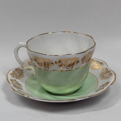 Vintage Queen Anne Royal Stanford Mint Green & Gold Bone China Tae Cup and Saucer