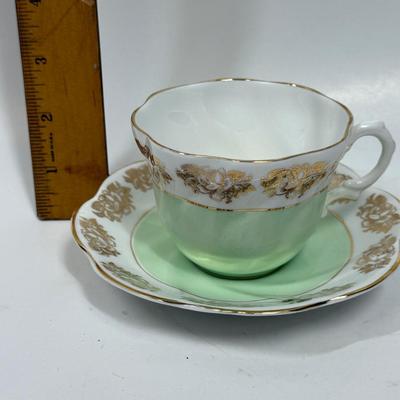 Vintage Queen Anne Royal Stanford Mint Green & Gold Bone China Tae Cup and Saucer