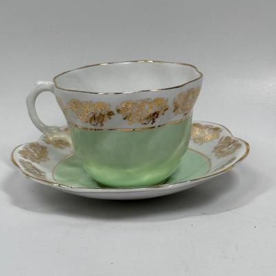 Vintage Queen Anne Royal Stanford Mint Green & Gold Bone China Tae Cup and Saucer