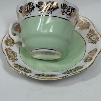 Vintage Queen Anne Royal Stanford Mint Green & Gold Bone China Tae Cup and Saucer